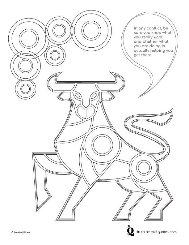 Free coloring page with quote about conflict resolution and a line art image of a bull ready to charge