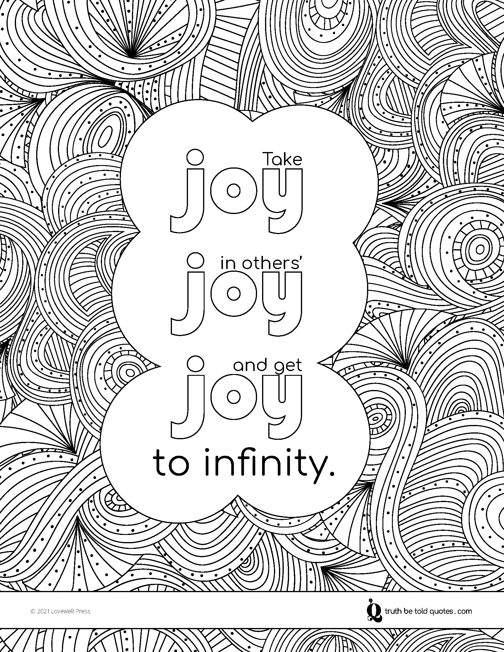 Free mindfulness coloring page with quote about joy and happiness with image of zentangle style circles
